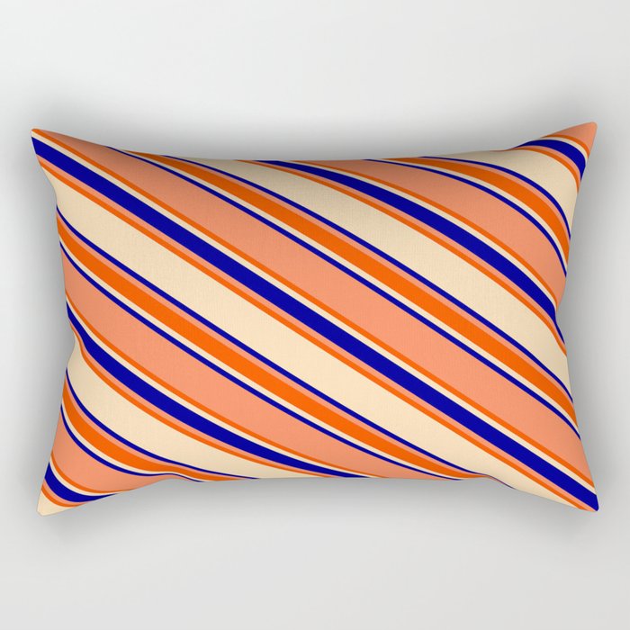 Coral, Red, Tan, and Dark Blue Colored Lines/Stripes Pattern Rectangular Pillow