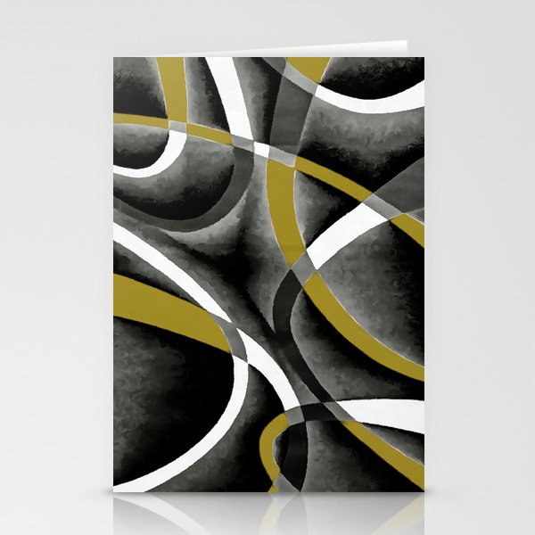 Eighties Mustard Yellow White Grey Line Curve Pattern On Black Stationery Cards