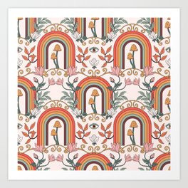 Art Noveau Pattern with mushrooms and rainbows Art Print