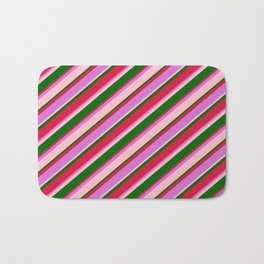 [ Thumbnail: Crimson, Orchid, Pink, and Dark Green Colored Lined Pattern Bath Mat ]