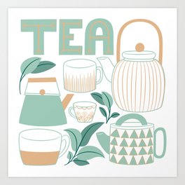Mint Green And Tan Teapots and Mugs Art Print