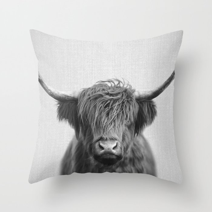 Highland Cow - Black & White Throw Pillow