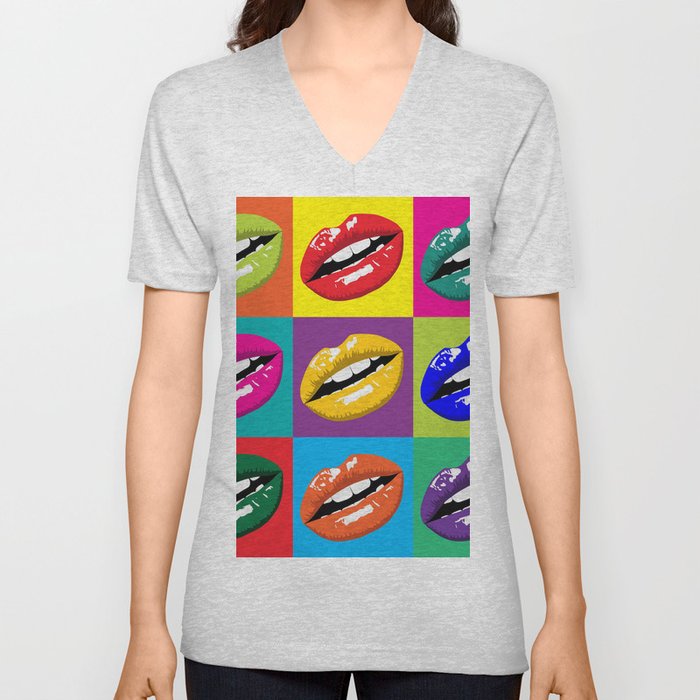 Sexy Lips Pop Art Painting Multicolor Andy W Style V Neck T Shirt