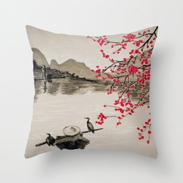Japan Crane Fishing Throw Pillow
