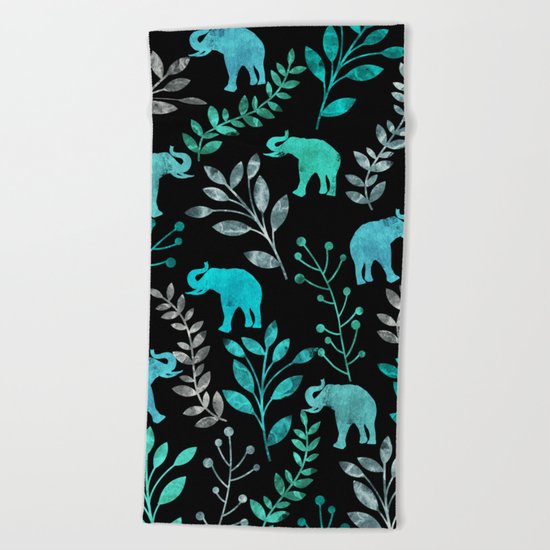 Watercolor Flowers & Elephants IV Beach Towel