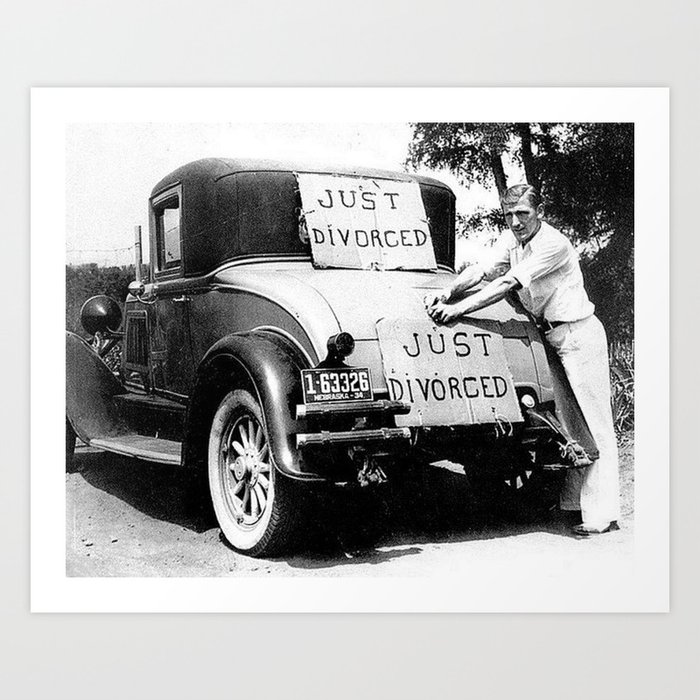 Just Divorced - Just Married Car Box Posters black and white humorous photograph Art Print