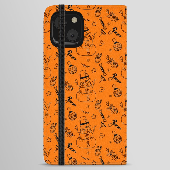 Orange and Black Christmas Snowman Doodle Pattern iPhone Wallet Case