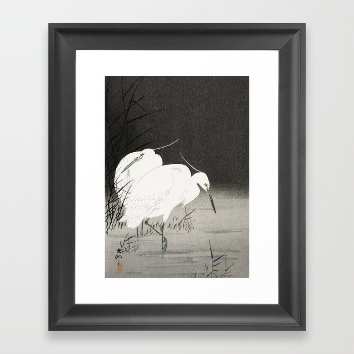 Egrets in the lake - Japanese vintage woodblock print Framed Art Print
