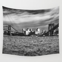 New York City Manhattan Bridge and Brooklyn Bridge Wall Tapestry | Film, Vintage, Long Exposure, Digital Manipulation, City, Ny, Brooklyn, Landscape, Black and White, Black And White 