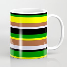 [ Thumbnail: Eye-catching Yellow, Sienna, Lavender, Black & Green Colored Striped Pattern Coffee Mug ]