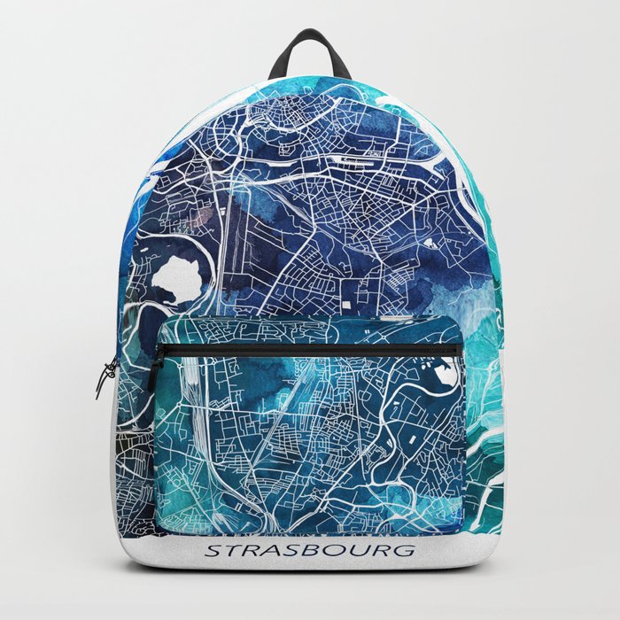 Strasbourg Map Navy Blue Turquoise Watercolor Strasbourg France City Map Backpack