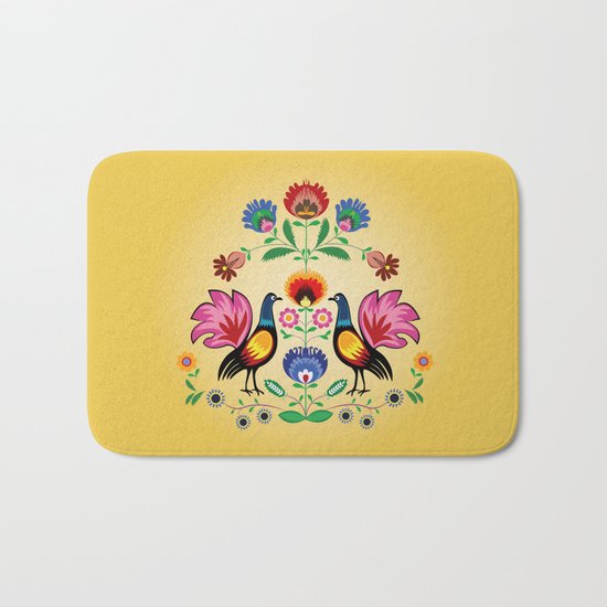 Polish Folk With Decorative Floral & Cockerels Bath Mat