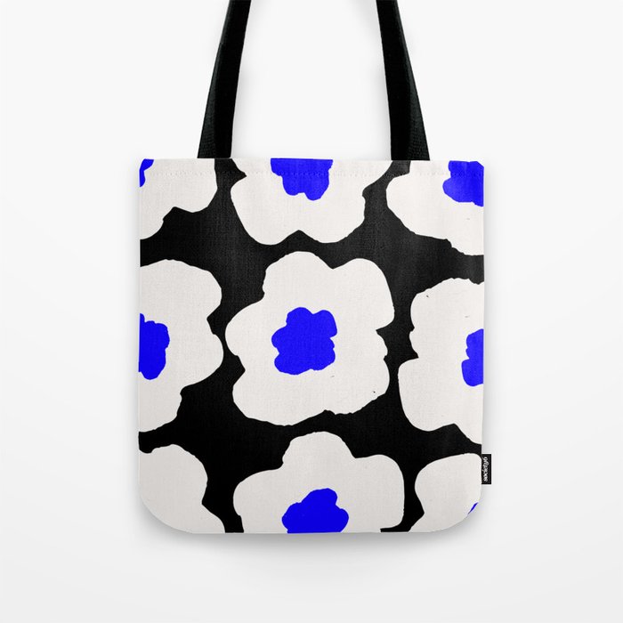 Large Pop-Art Retro Flowers in White and Cobalt Blue on Black Background  Tote Bag
