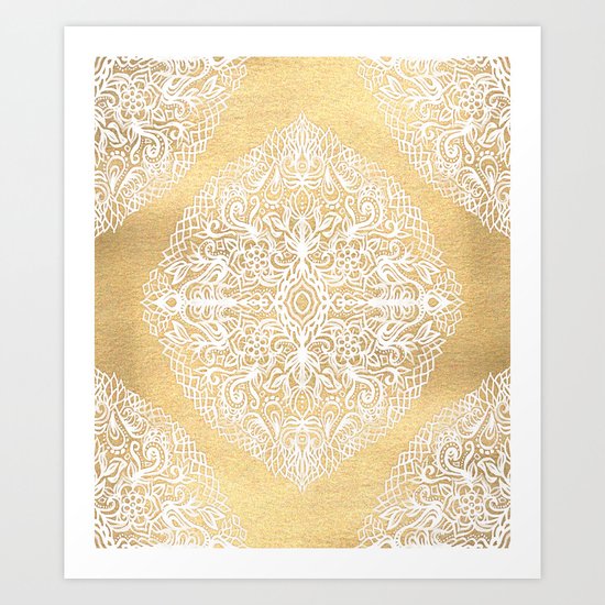 White Gouache Doodle on Gold Paint Art Print