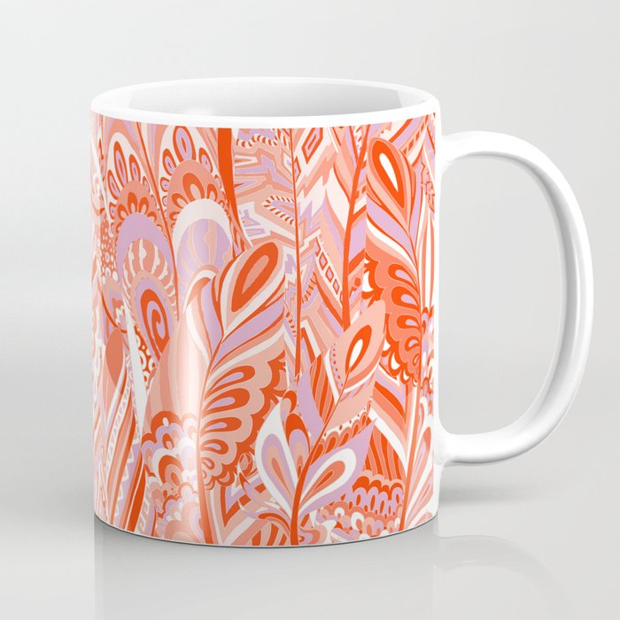 Abstract red coral lilac hand painted bohemian feathers pattern Coffee Mug