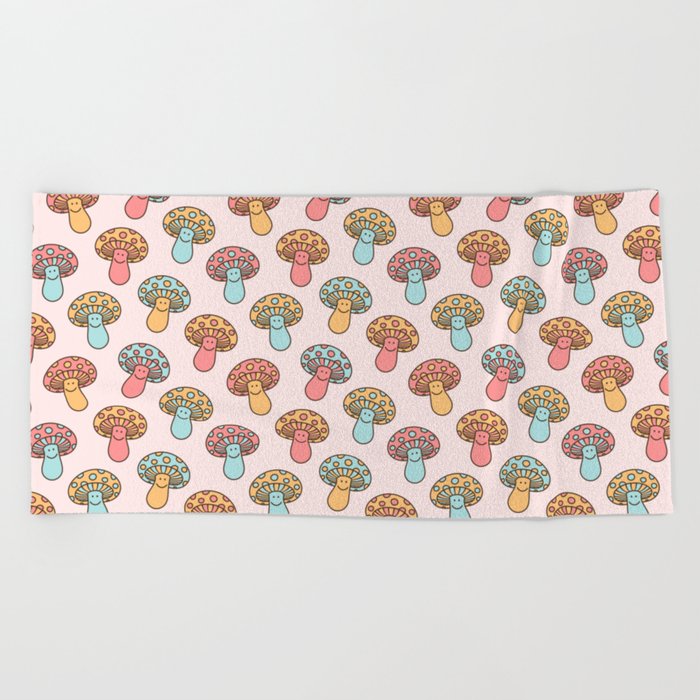 Cute Mushrooms, Happy Mushroom Pattern, Trippy, Magic, Smile Beach Towel