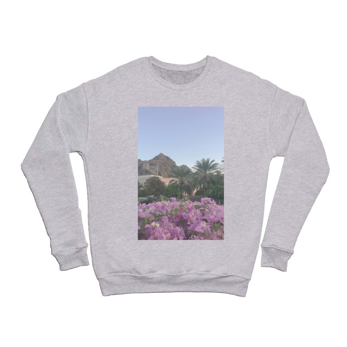 Magenta Bougainvillea Flowers Blooming against Omani Desert Mountains Photography Art Print Crewneck Sweatshirt