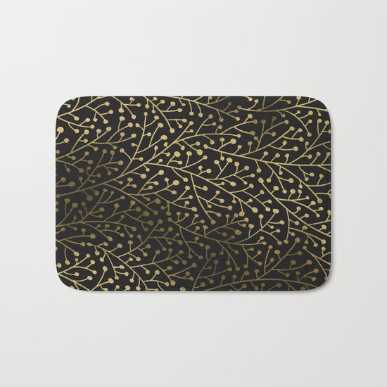 Gold Berry Branches on Black Bath Mat