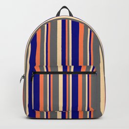 [ Thumbnail: Coral, Dim Gray, Tan & Blue Colored Pattern of Stripes Backpack ]