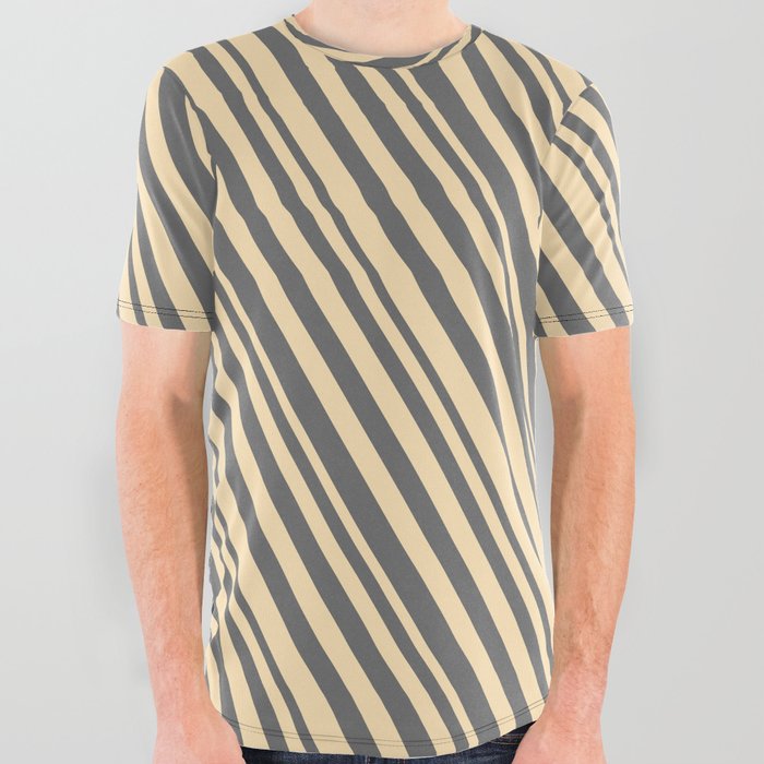 Beige and Dim Gray Colored Stripes/Lines Pattern All Over Graphic Tee