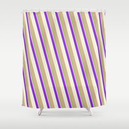 [ Thumbnail: Eye-catching Lime, Light Pink, Purple, Beige & Tan Colored Stripes Pattern Shower Curtain ]