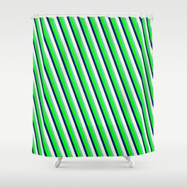 [ Thumbnail: Aquamarine, Lime, Dark Blue & Beige Colored Lined/Striped Pattern Shower Curtain ]