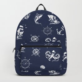 Navy Blue And White Silhouettes Of Vintage Nautical Pattern Backpack