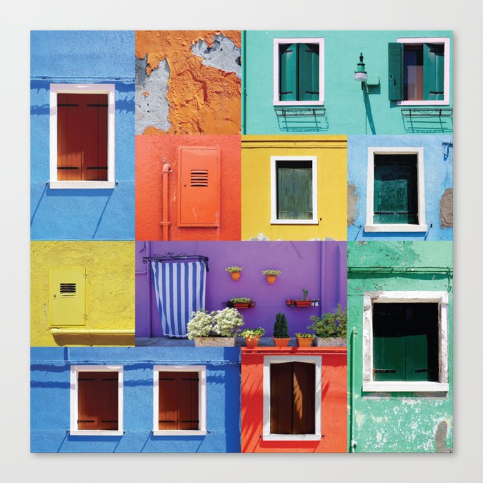 Mixed of windows and doors Burano island colorful architecture in Italy Canvas Print