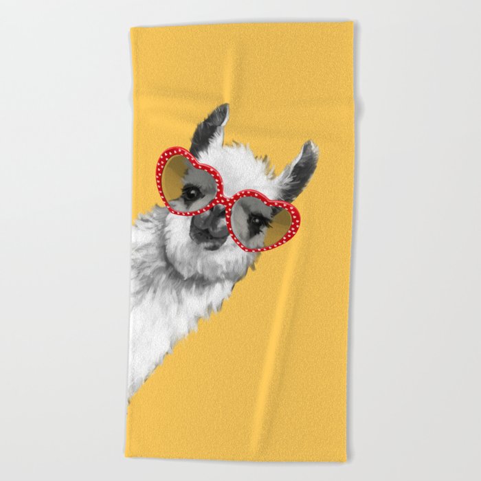 Fashion Hipster Llama with Glasses Beach Towel