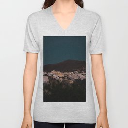 Santorini By Night | Greek Island Vibes in the Evening | City Lights and Dark Skies | Travel and Night Photography Fine Art V Neck T Shirt