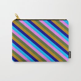 [ Thumbnail: Dark Olive Green, Dark Goldenrod, Dark Blue, Deep Sky Blue, and Violet Colored Striped Pattern Carry-All Pouch ]