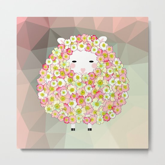 Pastel Tone Flowery Sheep Design Metal Print