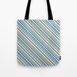 [ Thumbnail: Beige & Blue Colored Lined/Striped Pattern Tote Bag ]