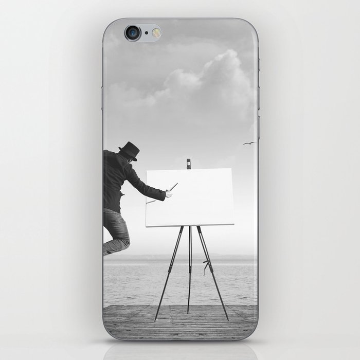 surreal black and white art painter drawing on a canvas iPhone Skin