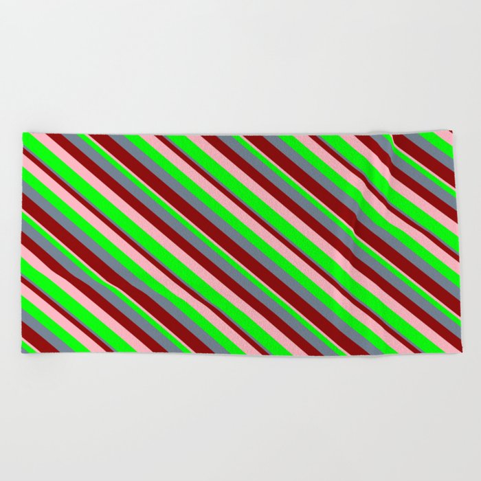 Slate Gray, Dark Red, Light Pink, and Lime Colored Stripes/Lines Pattern Beach Towel