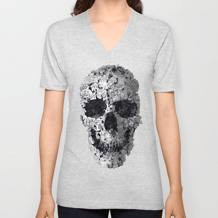 Doodle Skull V Neck T Shirt