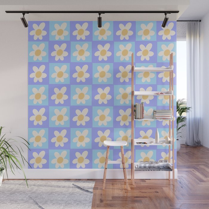 Spring of Retro Daisies - Blue and Lilac Wall Mural