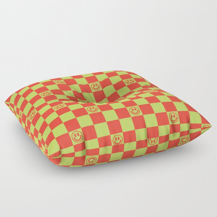 Smiley Face & Checkerboard (Red & Acid Green) Floor Pillow