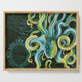 Green Octopus Vintage Map Chic Watercolor Art Serving Tray
