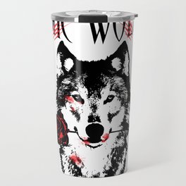 Wolf blood stained, holding a red rose. Travel Mug