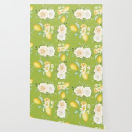 Lemons and White Flowers Pattern On Light Green Background Wallpaper