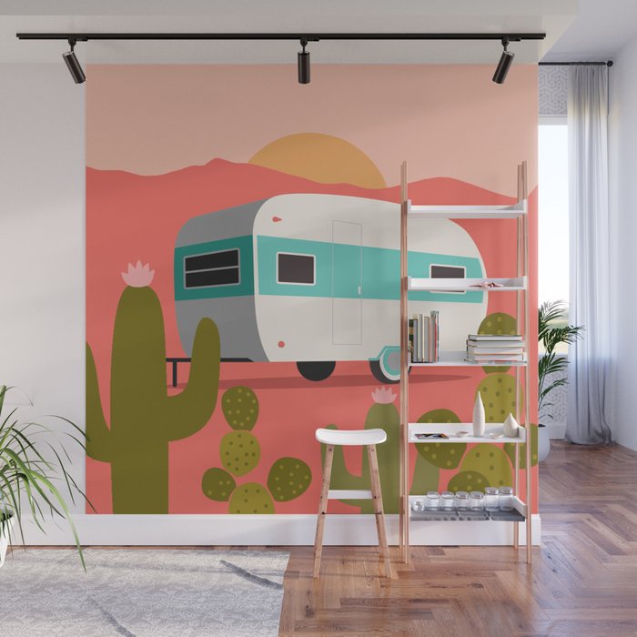 Mint Vintage Camper Trailer with Desert Cacti and Terracotta Pink Mountains Wall Mural