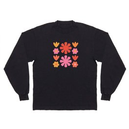 Scandi Floral Grid Retro Flower Pattern Pink Orange Cream Long Sleeve T-shirt