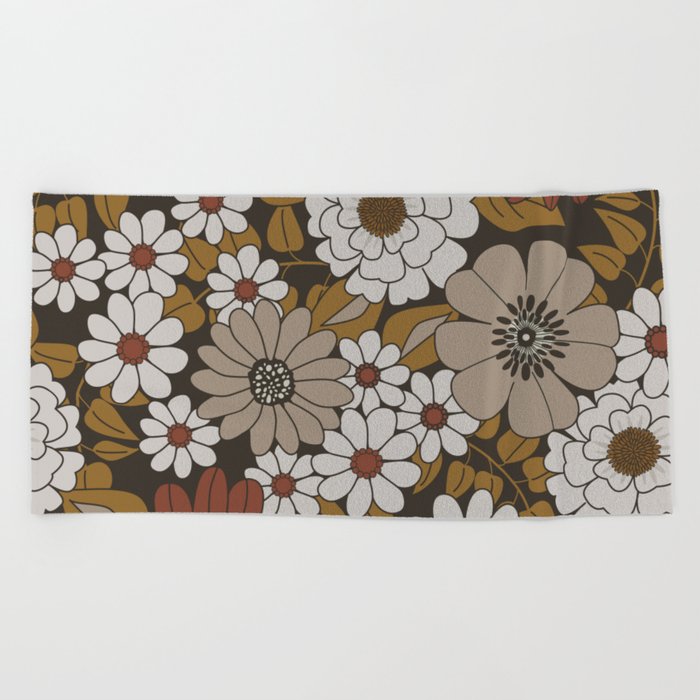 Brown Orange And Ivory Retro Flower Pattern Beach Towel By Ivory Retro Flower Pattern Beach Towel