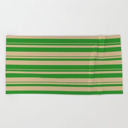 [ Thumbnail: Forest Green and Tan Colored Striped/Lined Pattern Beach Towel ]