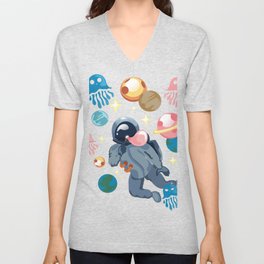 Cool Funny Floating Space Astronaut with Jellyfish V Neck T Shirt