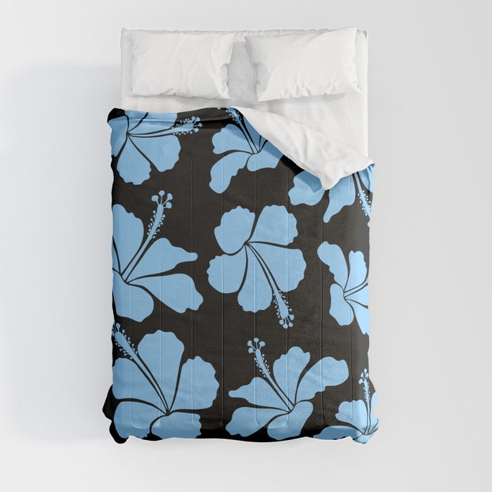 Bright hawaiian seamless pattern with tropical hibiscus flowers on black background in blue colors. Comforter