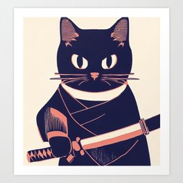 Minimalist Risograph Print / Cat Samurai Art Print