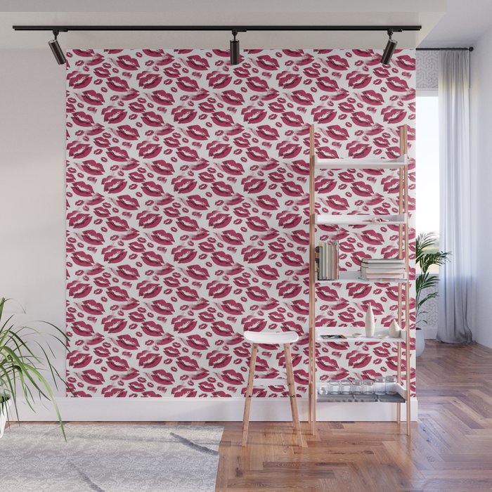Two Kisses Collided Red Lips Pattern On White Background Wall Mural
