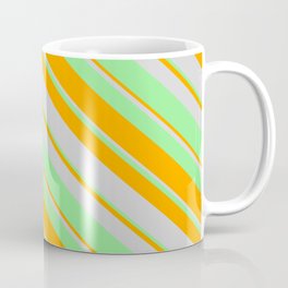 [ Thumbnail: Light Green, Orange & Light Grey Colored Lined/Striped Pattern Coffee Mug ]